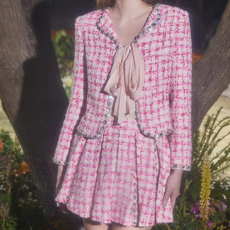 秋冬华丽璀璨手工钻饰格纹小香风粗花呢外套百褶裙时尚甜美套装女