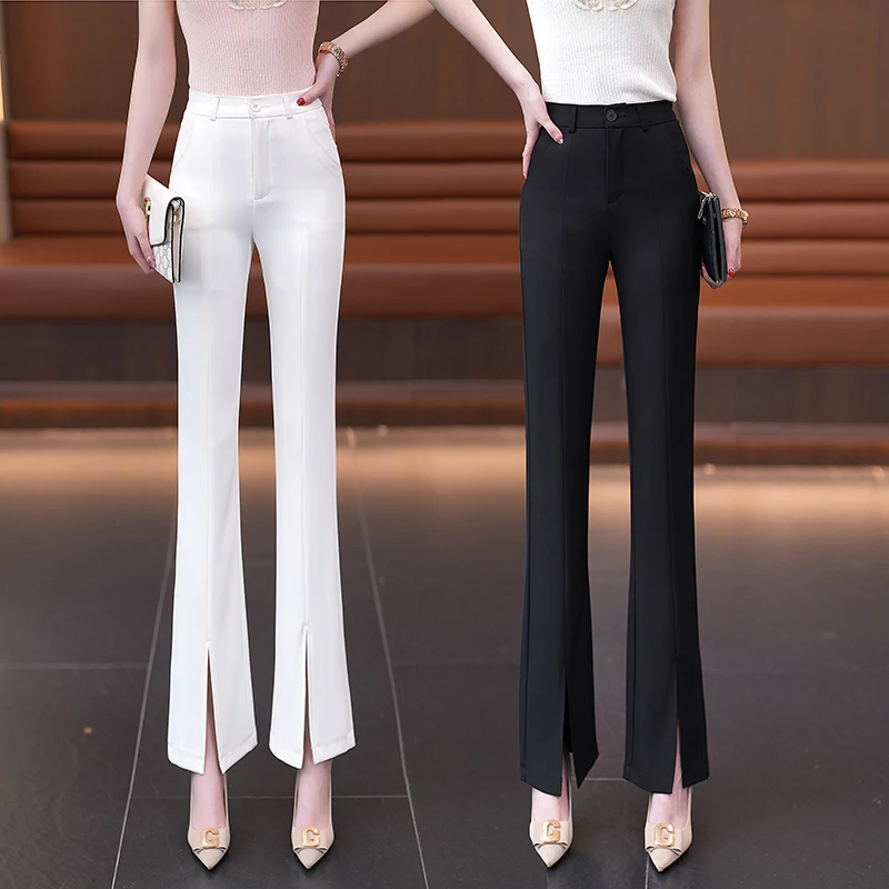 2025夏季微喇裤修身垂坠感宽松小个子小微喇裤开叉款高腰西装裤