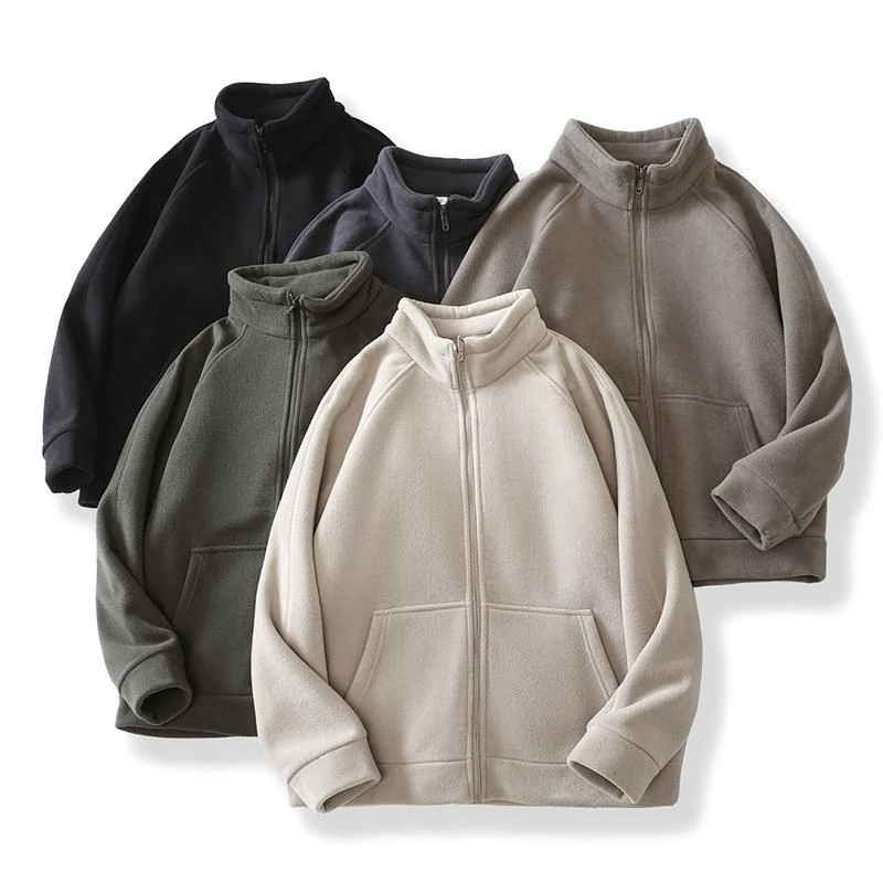 双面摇粒绒男士加厚抓绒外套2024秋季新款休闲保暖立领纯色夹克衫