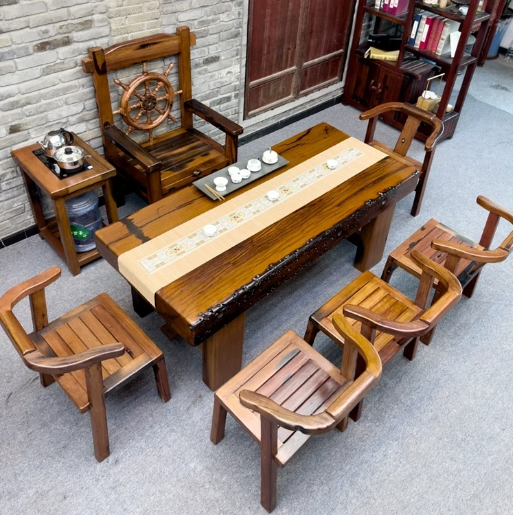 老船木茶桌椅组合实木大料厚板茶几办公室会议书客厅桌干湿泡茶台