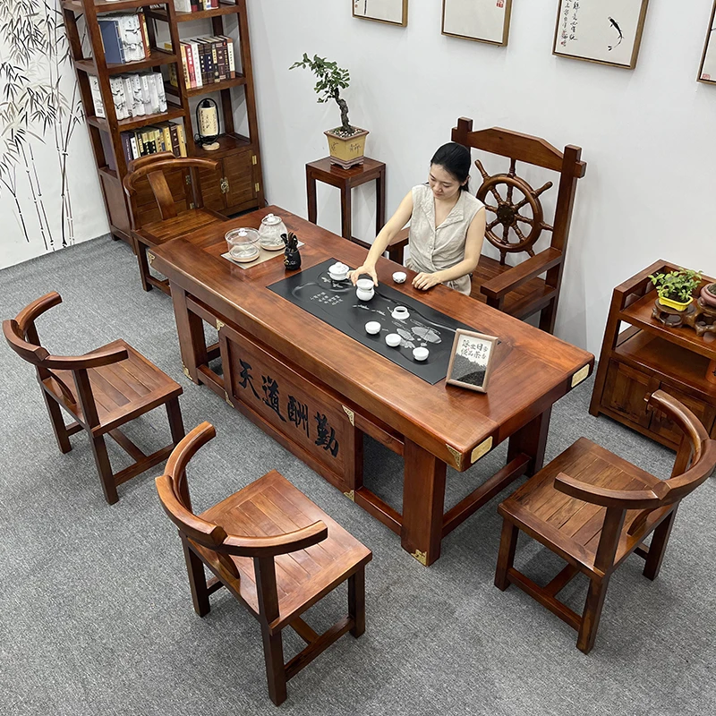 老船木茶桌椅组合新中式办公泡茶台家用客厅实木茶几一体茶具套装