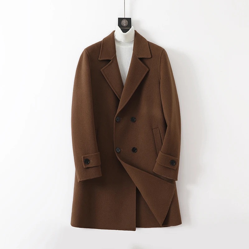 100%羊毛双面呢大衣中长款双排扣毛呢大衣宽松休闲呢子外套秋冬新