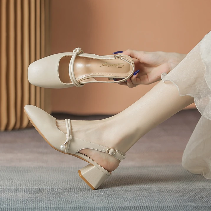 包头凉鞋女粗跟夏季百搭气质法式方头温柔中跟时尚玛丽珍单鞋