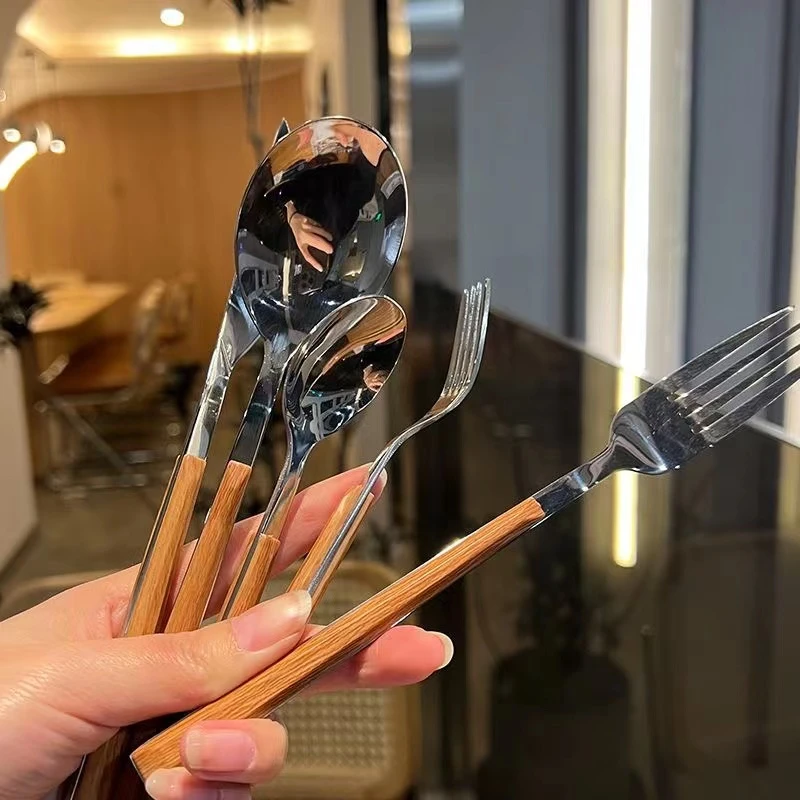 ins北欧风叉子复古风日韩仿木柄不锈钢刀叉餐具牛排甜品水果勺子