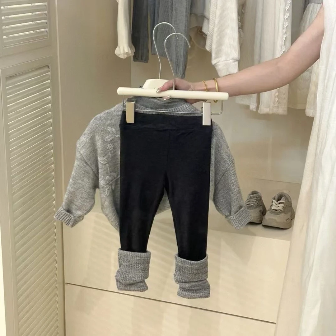 韩版童装女童打底裤秋装新款洋气儿童时髦拼接裤子女宝堆堆袜长裤