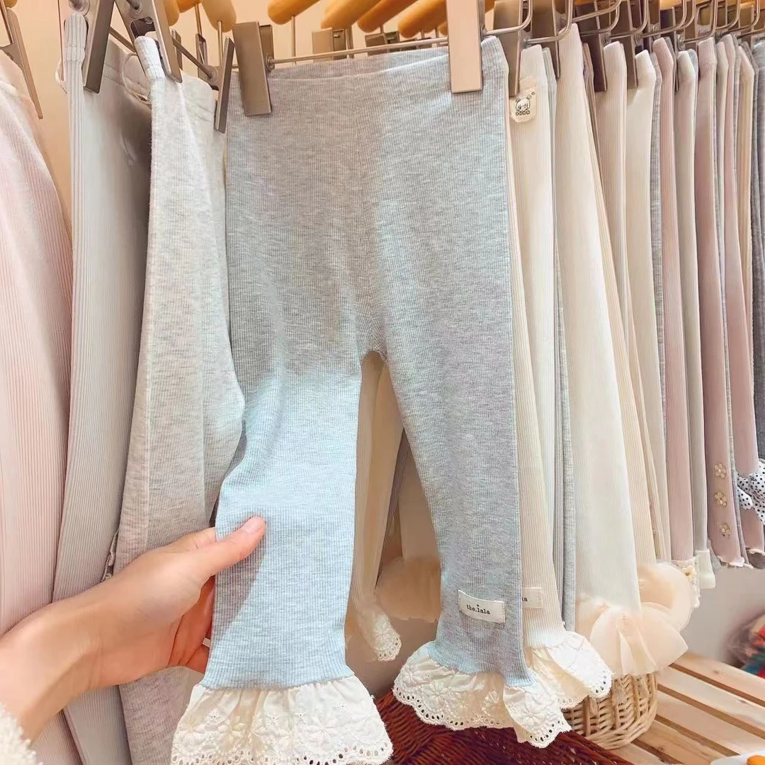 女童外穿打底裤韩版洋气春秋款花边纯色休闲裤宝宝可爱公主风裤子