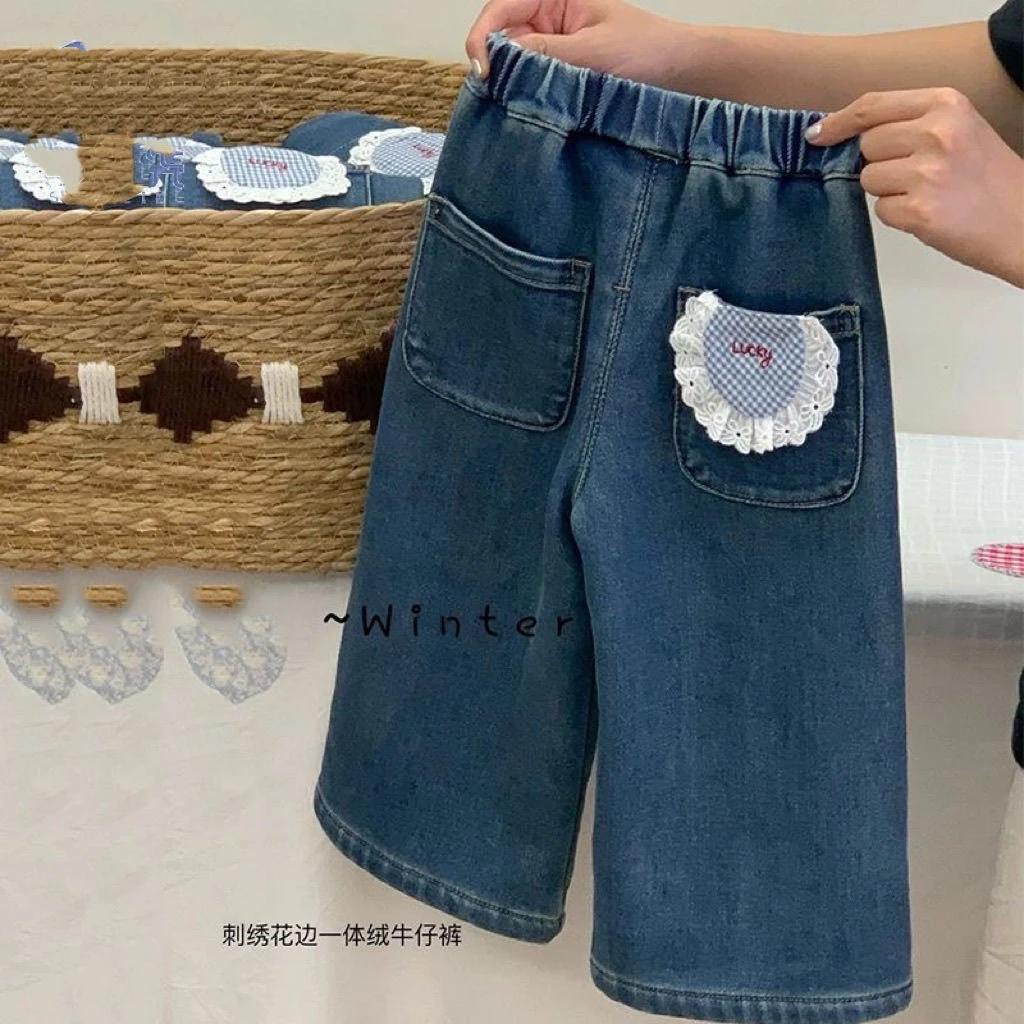 女童2025冬季牛仔裤一体绒直筒裤儿童加厚长裤中小童秋冬款保暖裤