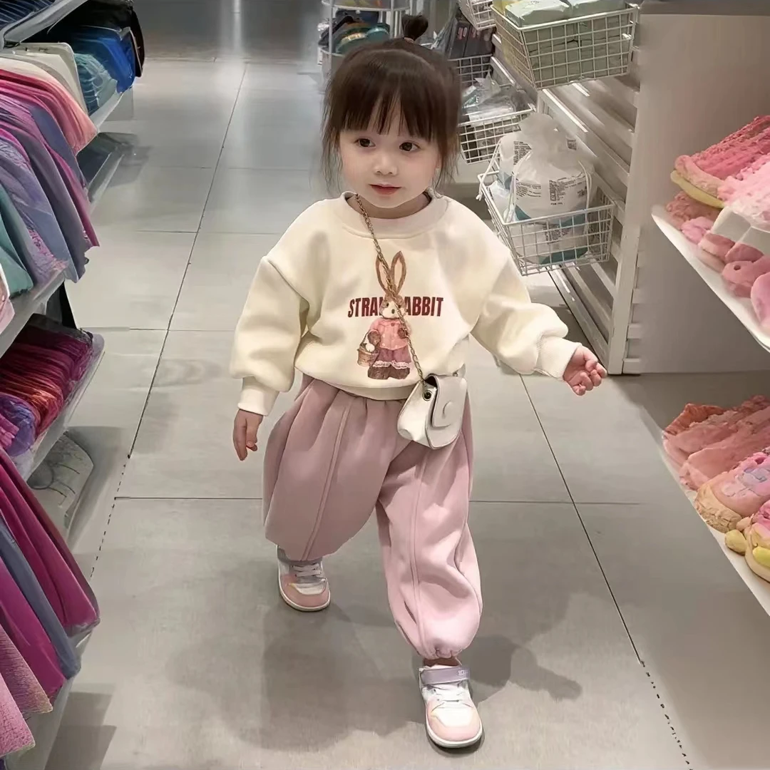 女童冬季加绒小童宝宝卡通加绒加厚卡通上衣韩版时尚运动保暖长裤