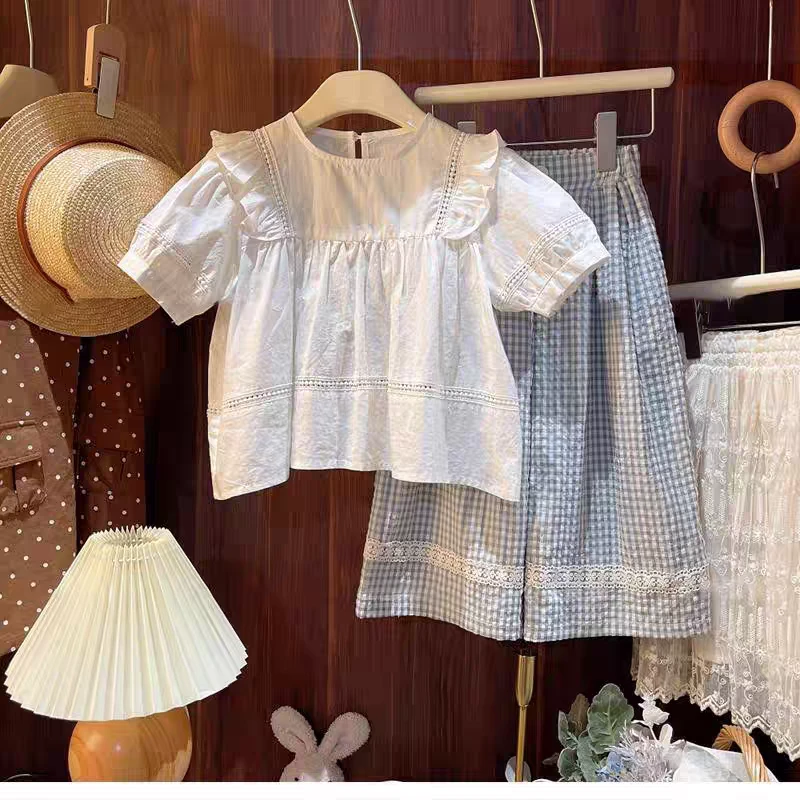 韩国童装女童夏季套装2025女宝宝花边洋气娃娃衫格子休闲裤两件套