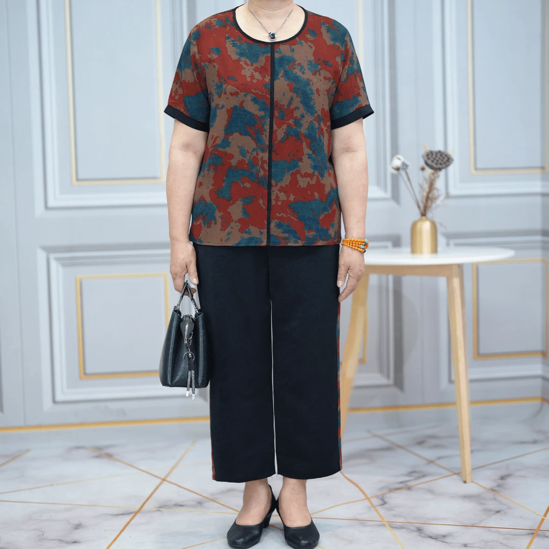 大码妈妈装洋气拼接套装女2024夏新款短袖印花小衫两件套宽松时尚