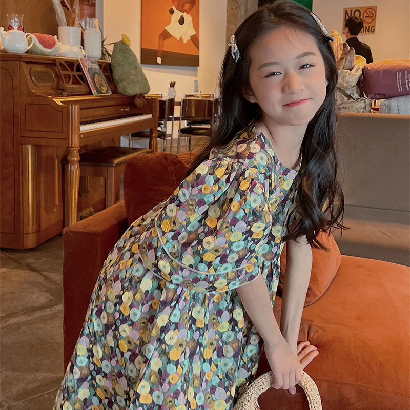 2024MIKA夏季新品韩版中大女童繁花夏日度假系列宽松透气纯棉长裙