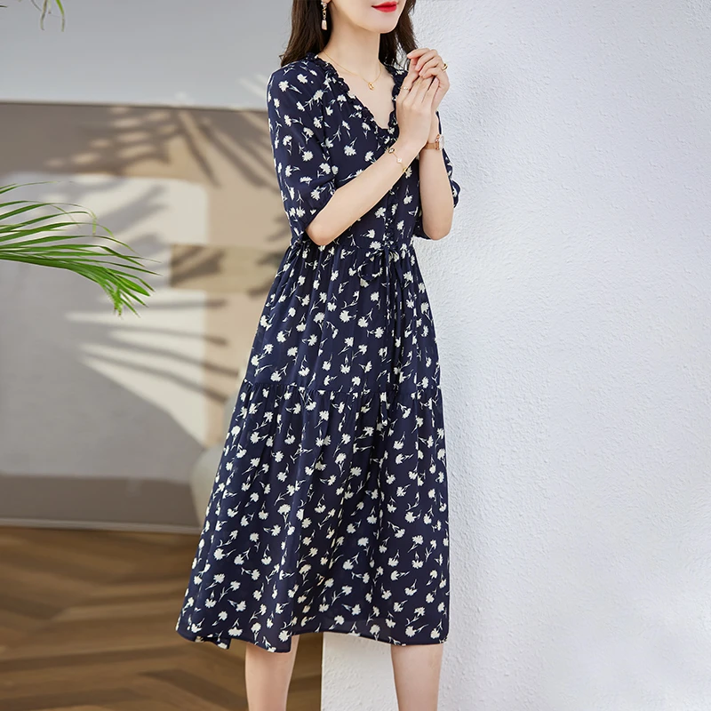 【欧黎蔓】蒲公英桑蚕丝V领时尚气质连衣裙夏季新款显瘦真丝A字裙