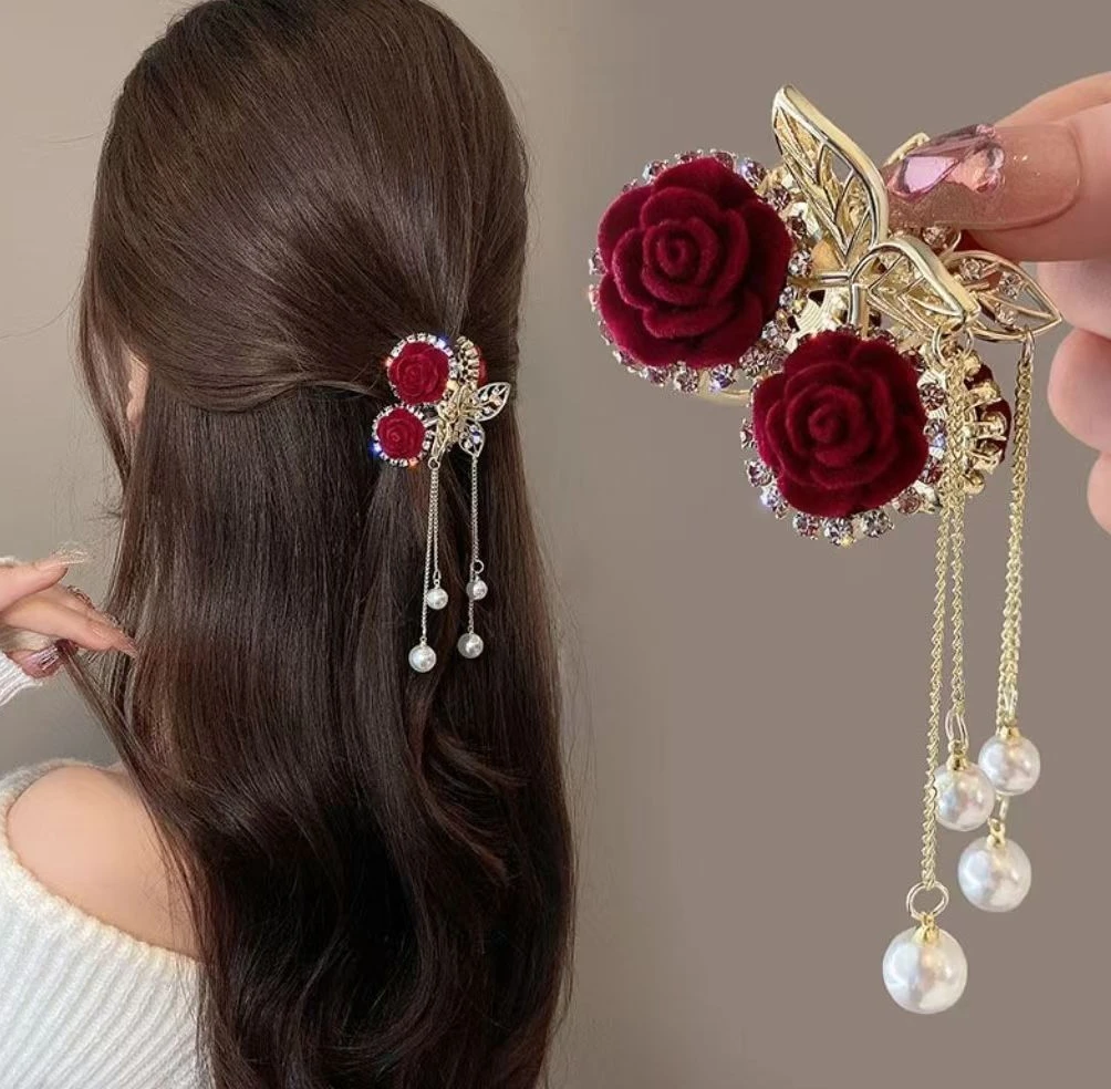 新款复古气质合金发饰玫瑰花樱桃流苏抓夹高端香蕉韩系ins中号