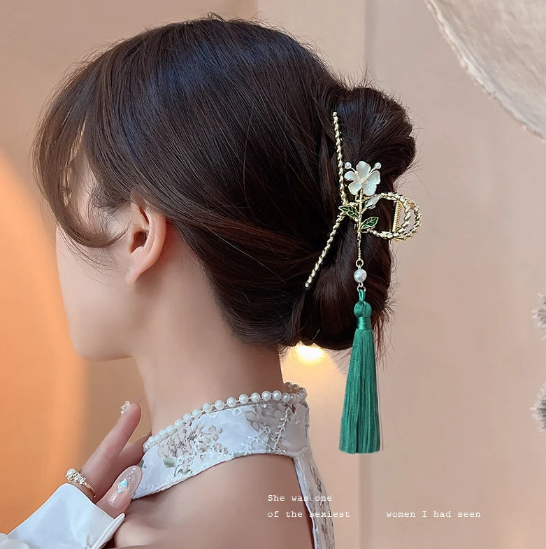 超仙复古气质流苏花朵后脑勺鲨鱼夹子国风抓夹优雅发饰高级感发夹