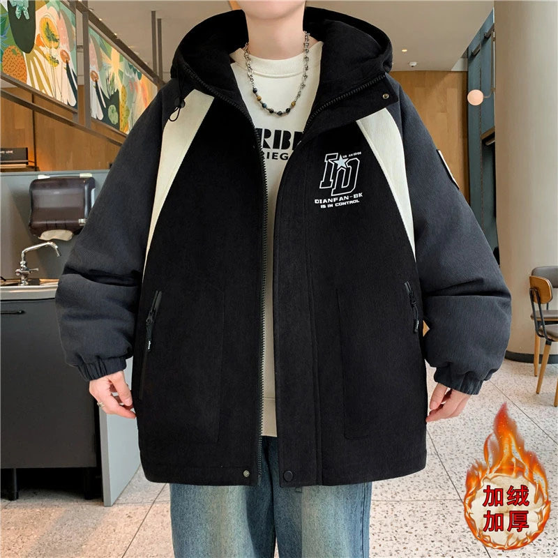 潮牌灯芯绒连帽夹克外套男青少年加绒加厚冬装拼色休闲时尚棉衣