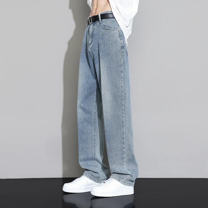 美式牛仔裤男夏季薄款男生潮牌水洗复古阔腿裤宽松直筒休闲长裤子