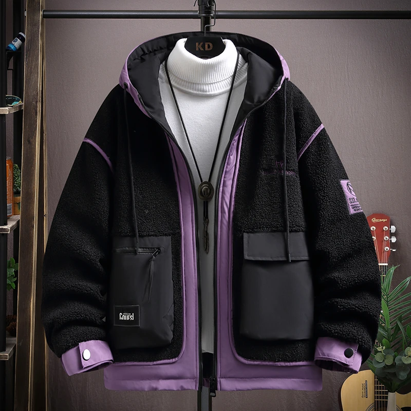 冬季拼色泡泡绒外套潮牌工装棉衣颗粒绒连帽学生青少年加厚加棉