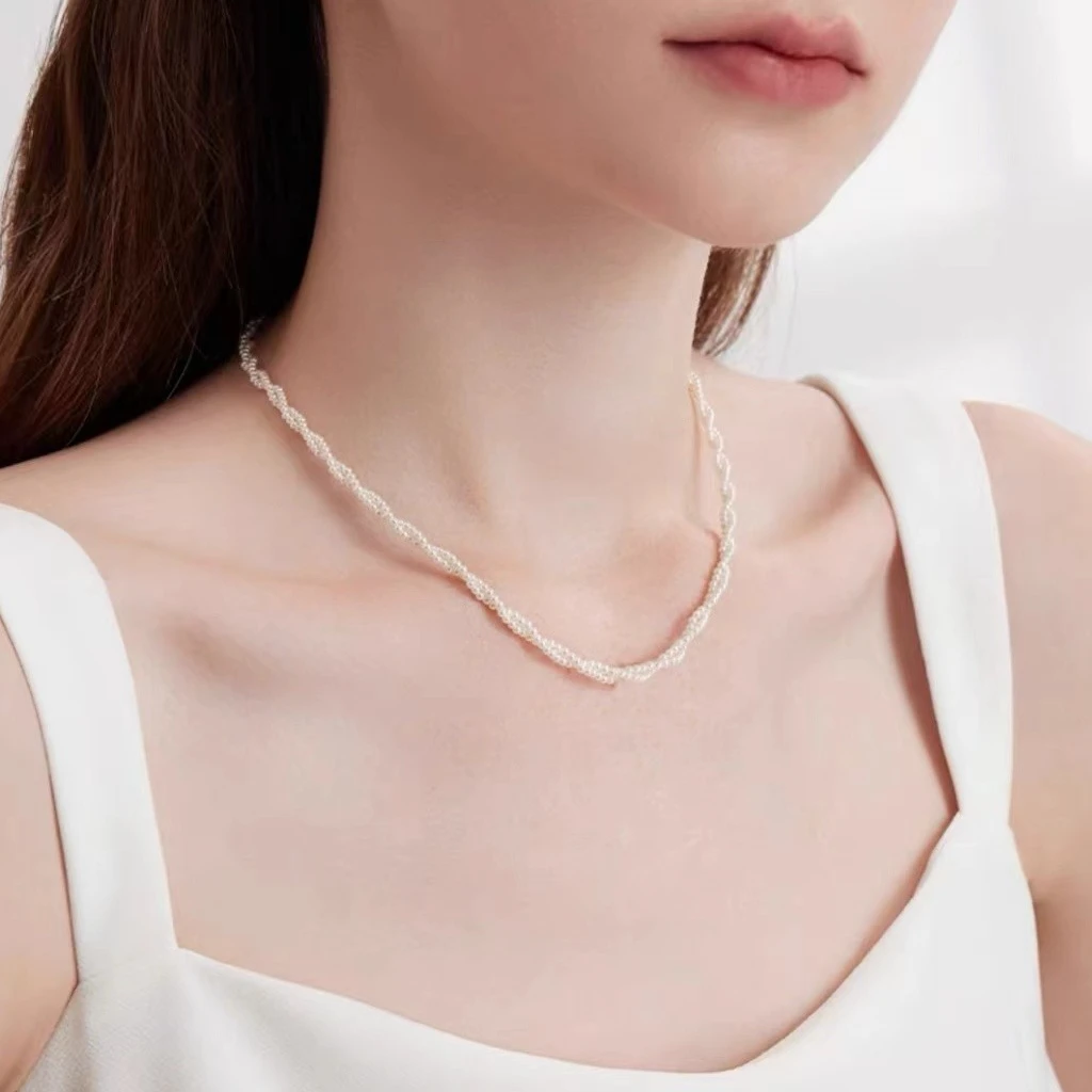 铜合金项链 木木（CJ5429） 44厘米 双层麻花珠珠极细颈链项