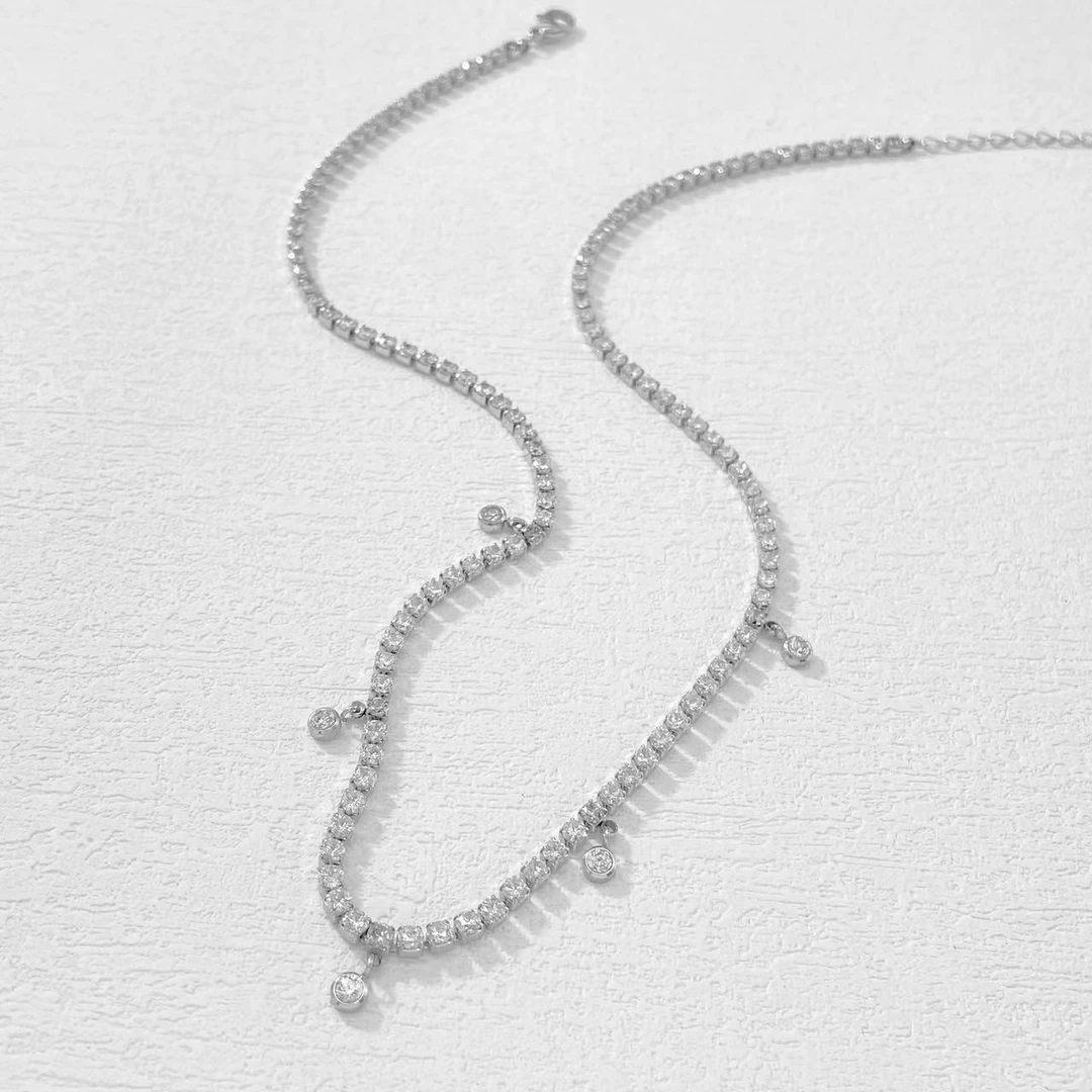 钛钢项链 木木（AQ1177）46厘米 满镶爆闪精致项链毛衣链