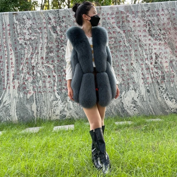 设计师轻奢整皮狐狸毛皮草马甲冬季中长款高端时尚气质洋气背心