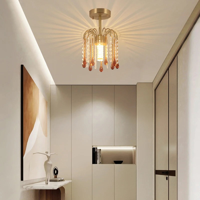 法式中古茶色泪滴水晶床头吊灯美式复古入户玄关走廊过道吸顶灯