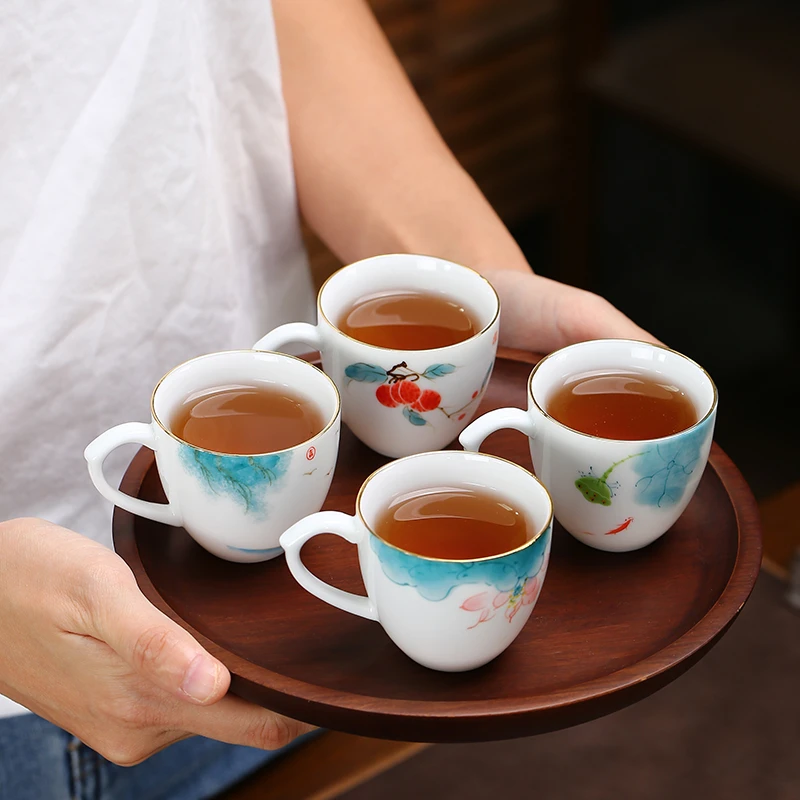 家用防烫陶瓷功夫小茶杯手绘釉下彩不烫手茶盏带把描金白瓷品茗杯