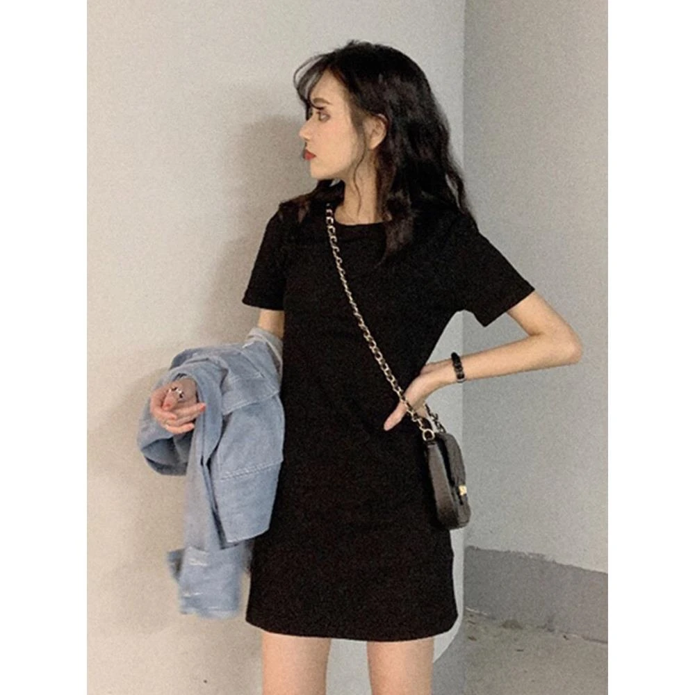 中长款T裙纯色夏露腿性感显瘦短袖圆领纯棉T恤打底衫女连衣裙短裙