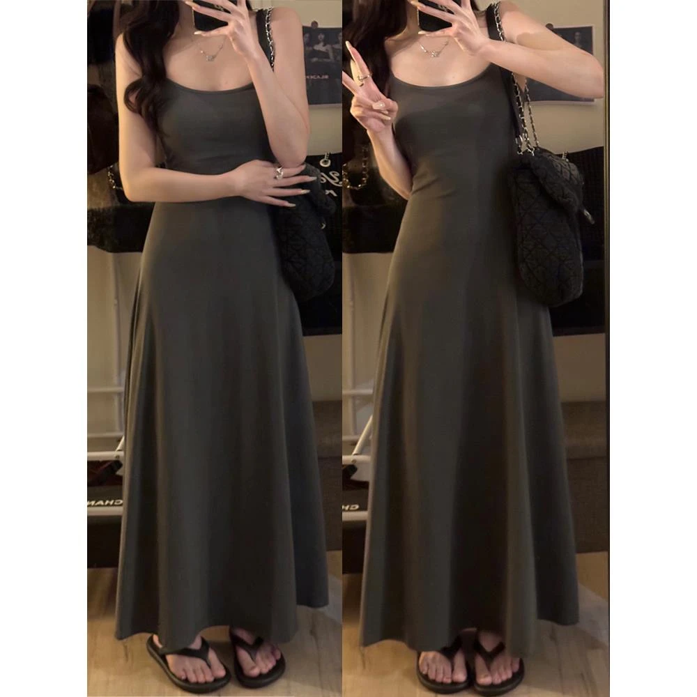 女士显瘦纯欲纯色吊带连衣裙A字裙背心裙夏季新大裙摆收腰长裙女