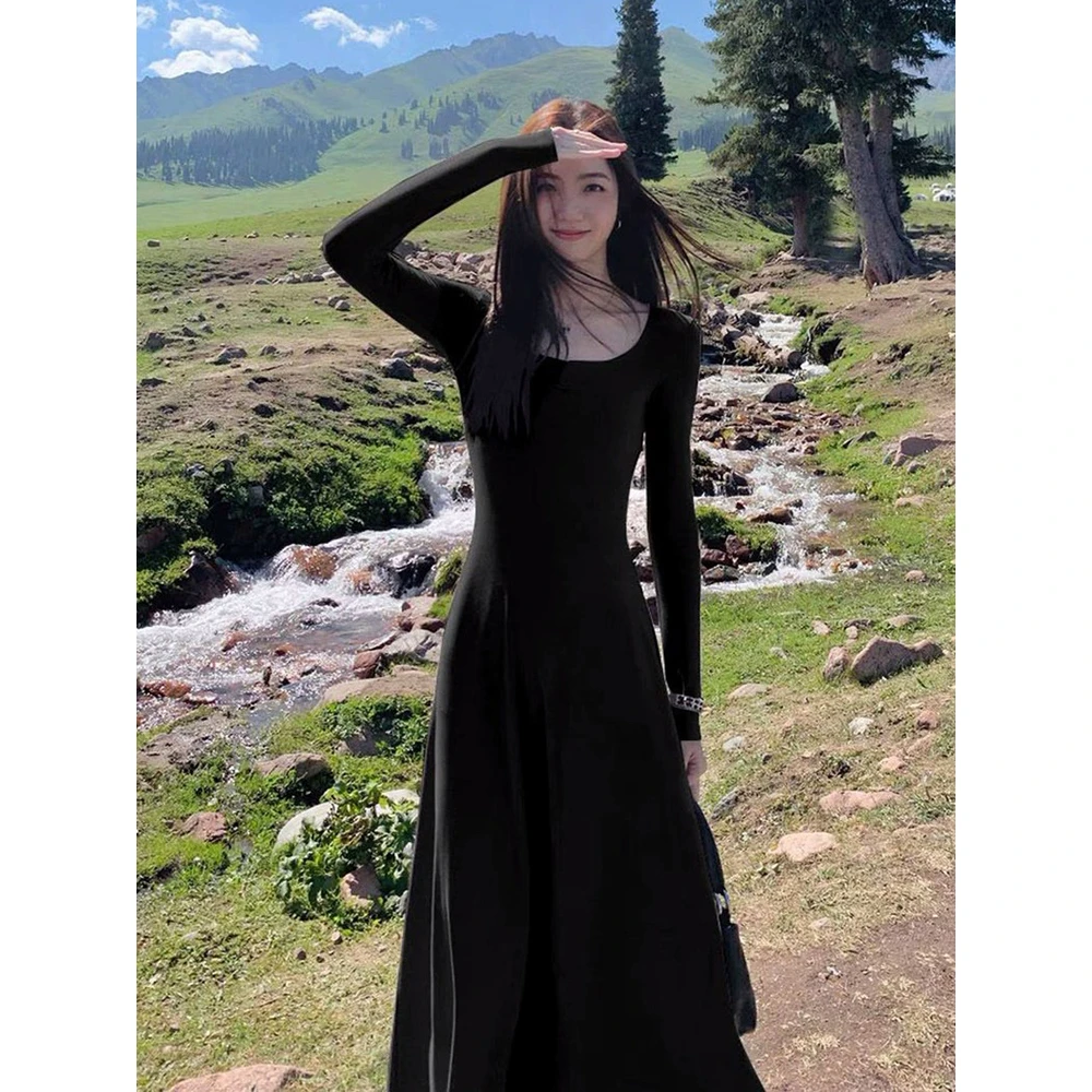 长款打底裙春秋纯色内搭磨毛棉修身A字大摆裙性感低胸长袖连衣裙