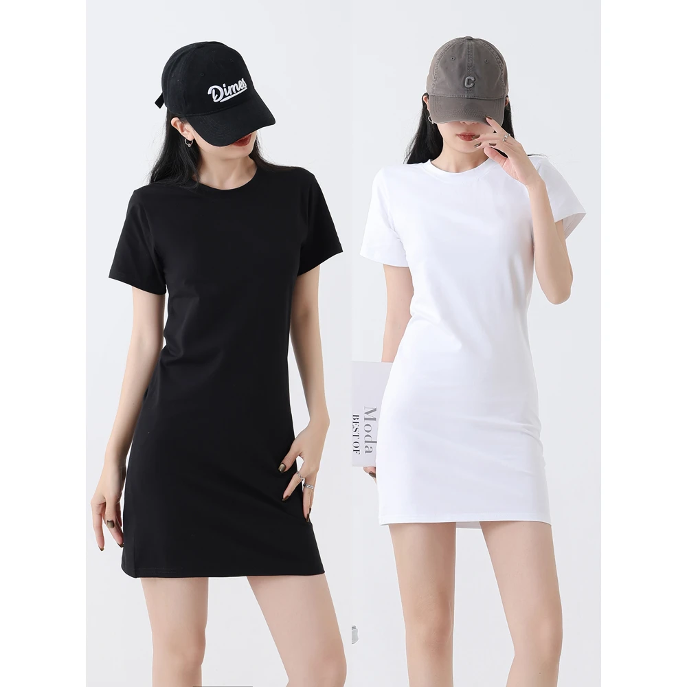 棉质短袖连衣裙纯色修身包臀上衣打底短裙圆领套头中长款T恤裙