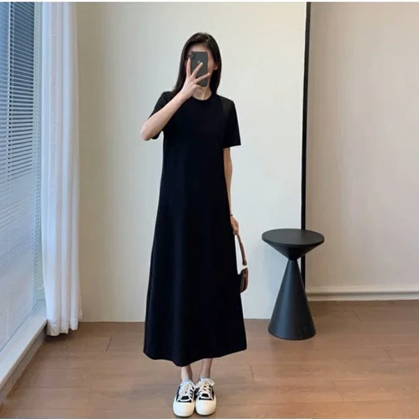 百搭休闲赫本风小黑裙懒人裙圆领中长款短袖宽松连衣裙打底长裙