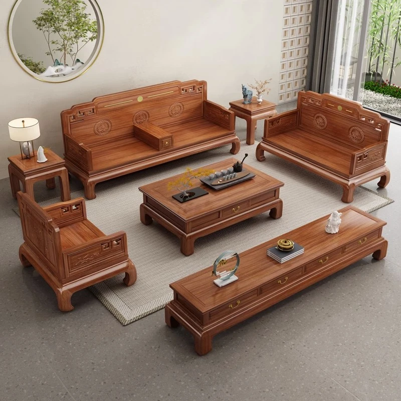 【国色天香】新古典客厅菠萝格实木沙发组合雕花大小户型冬夏大沙发