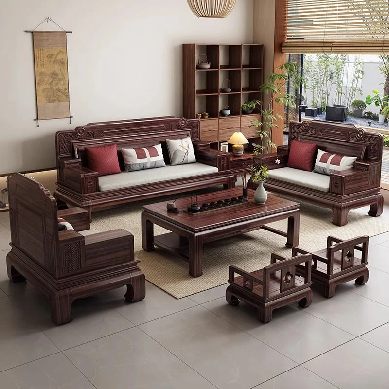 928新中式古典客厅全实木菠萝格木家用沙发组合两用雕花成套沙发