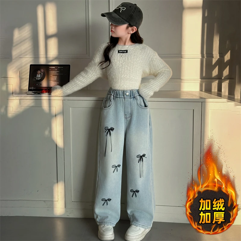 女童牛仔裤加绒加厚冬季中大童韩版直筒阔腿裤秋冬儿童一体绒裤子