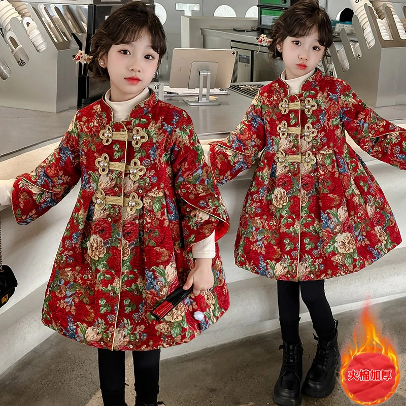 女童夹棉拜年服秋冬新款儿童新年红色唐装连衣裙女孩国风汉服旗袍