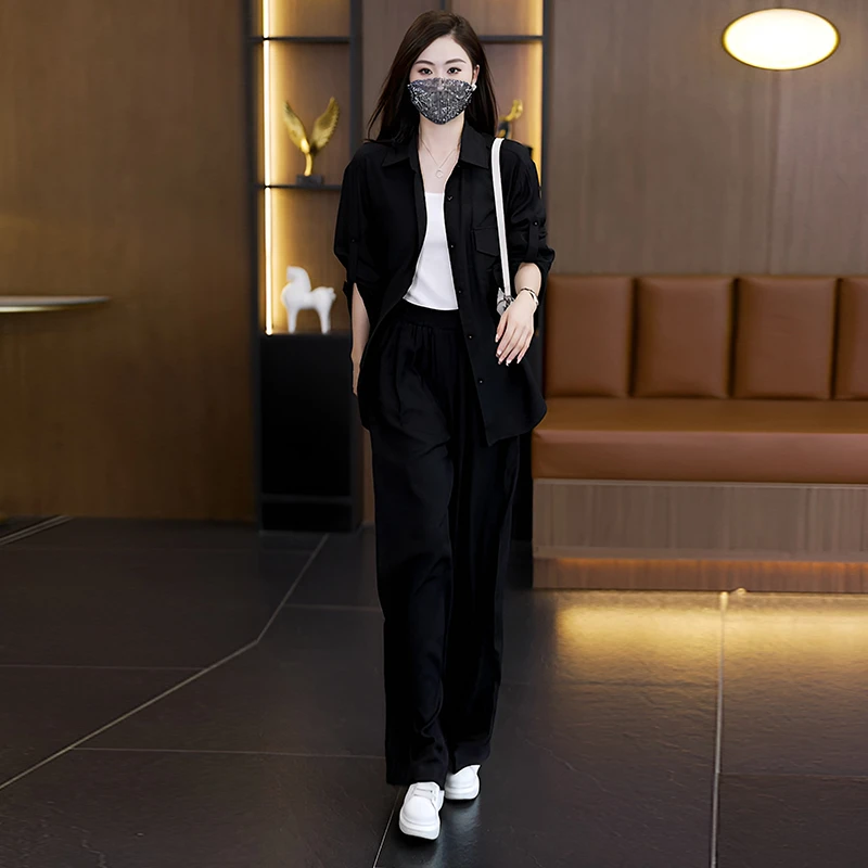 潮流休闲长袖套装女春秋新款大码显瘦高级感气质衬衫阔腿裤两件套