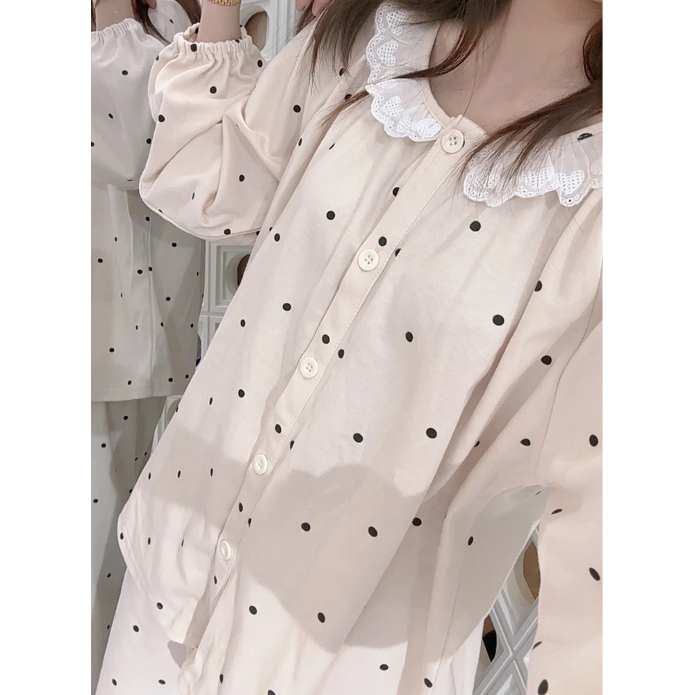 秋冬季新款全棉睡衣女2024花边圆领长袖波点纯棉花边减龄家居服