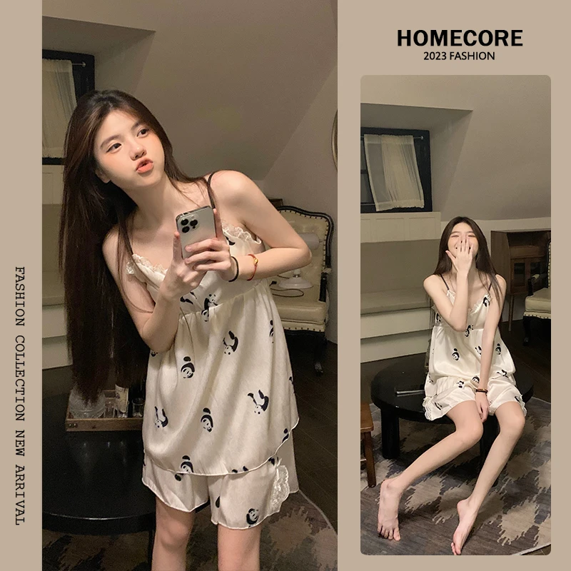 睡衣女夏冰雪丝2023新款甜辣风吊带短裤熊猫薄款带胸垫家居服套装
