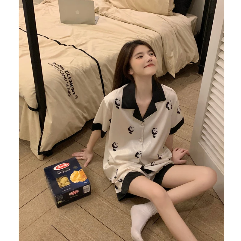 冰雪丝睡衣女夏天舒适短袖短裤薄款甜美可爱熊猫ins风家居服套装