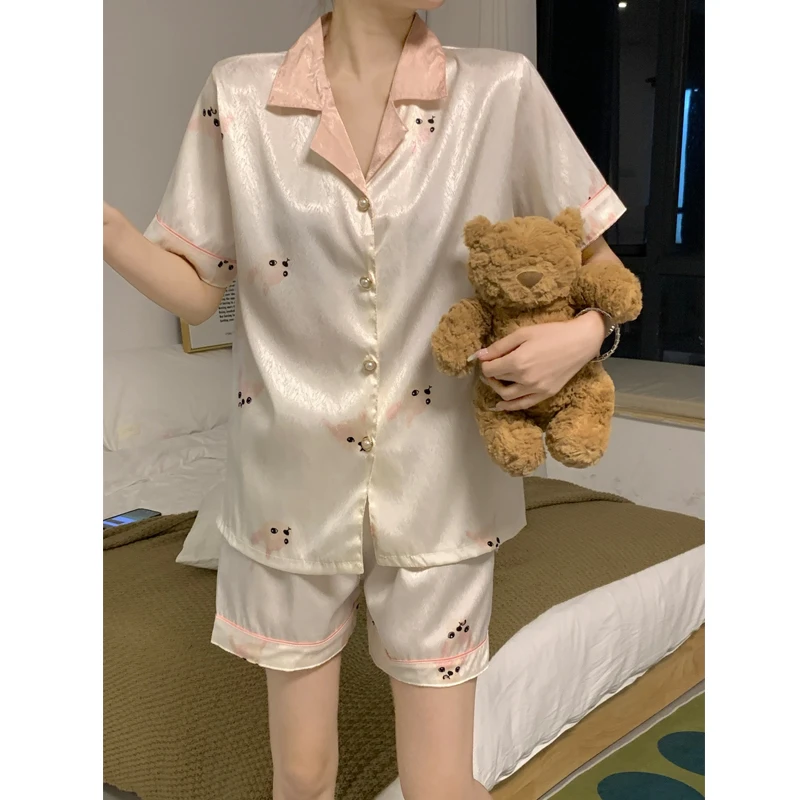 韩国高级感睡衣女夏季冰丝可爱小奶狗少女休闲大码薄款家居服套装