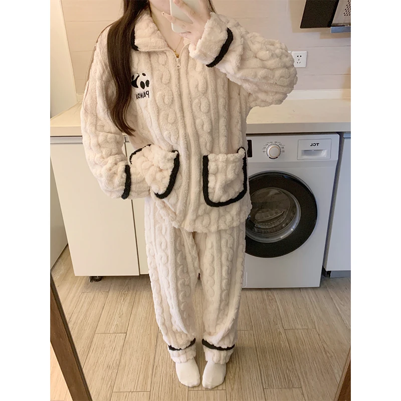 可爱熊猫睡衣女加厚珊瑚绒2024冬季新款保暖法兰绒拉链家居服套装