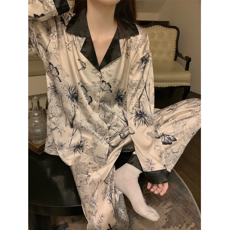 网红睡衣春秋季女舒适丝滑冰雪丝长袖国风高级感水墨画家居服套装