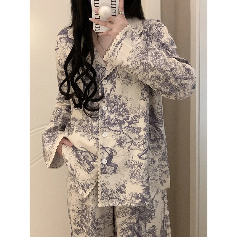 韩国ins睡衣春夏季长袖高级感水墨画蕾丝花边少女薄款家居服套装