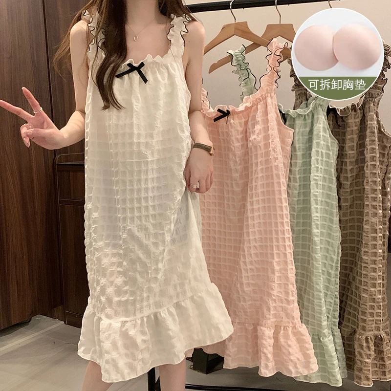 韩国睡裙女夏季新款ins中长款纯色吊带睡衣带胸垫少女薄款连衣裙