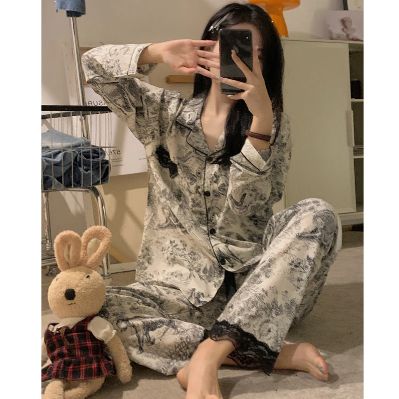 国潮新款水墨画睡衣女春秋冰雪丝长袖蕾丝薄款休闲家居服可外穿