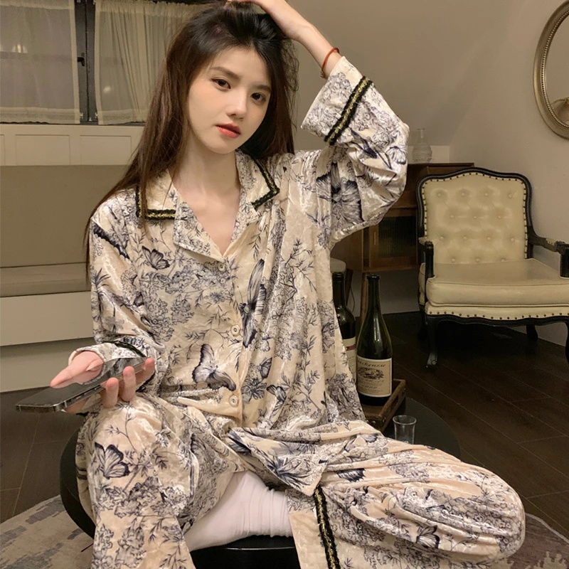 金丝绒新款睡衣女秋冬季国风高级感开衫长袖网红风春秋家居服套装