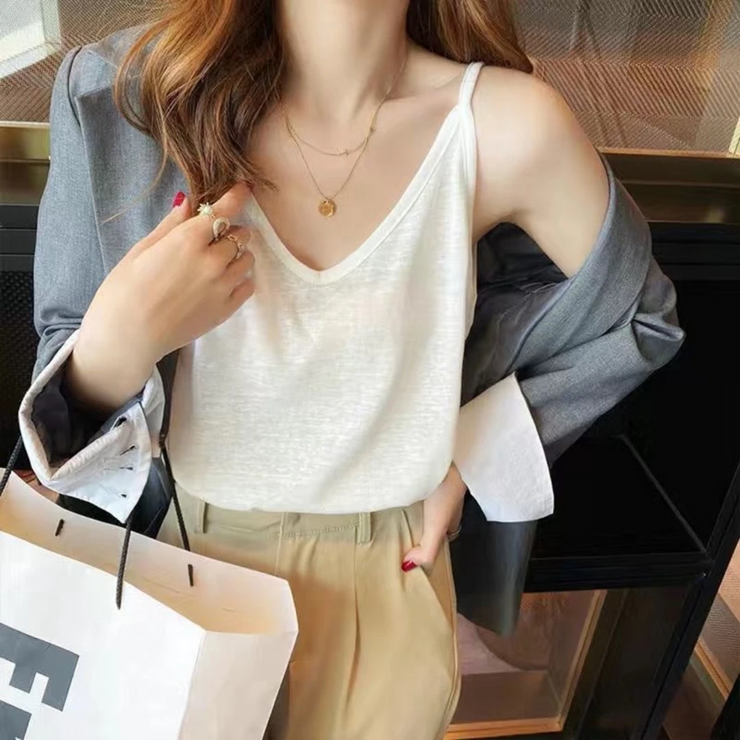 吊带女夏季内搭冰丝白色显瘦打底背心v领宽松设计感小众外穿上衣