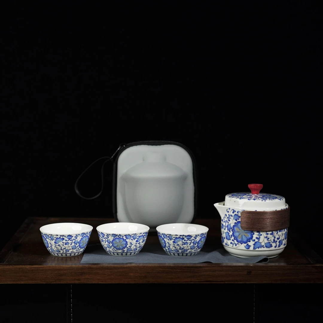 矮瓶白【团花】一壶3杯-旅行茶具套装LC