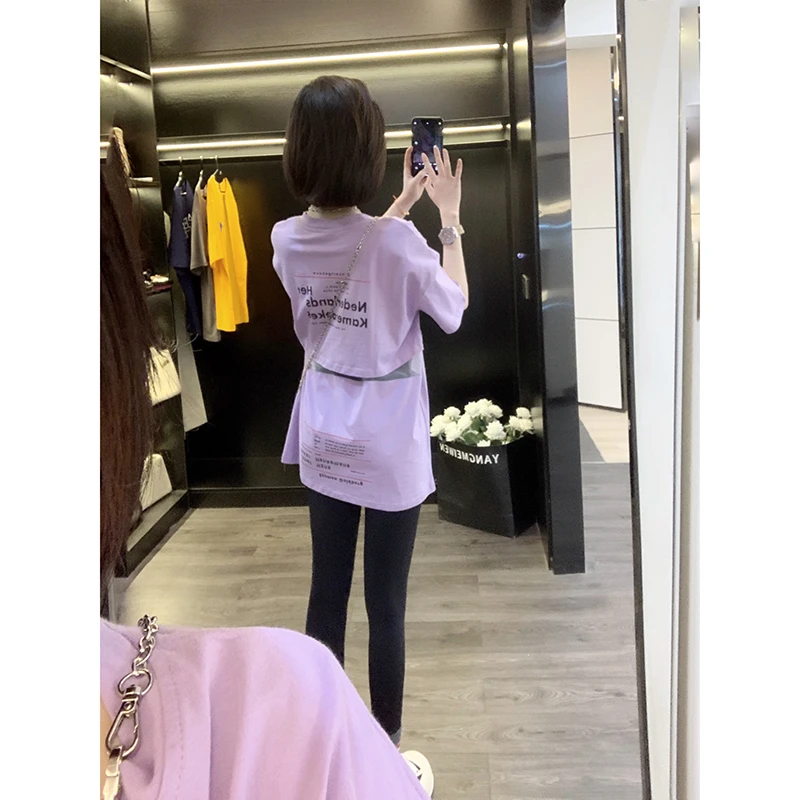 中长款大版紫色t恤女夏季宽松2023新款网纱欧货大版女士高档体恤