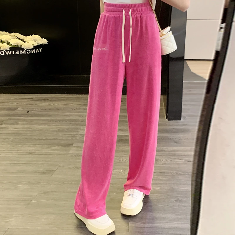 窄版阔腿裤子女2023新款早秋玫红色高腰显瘦直筒裤小个子休闲裤女